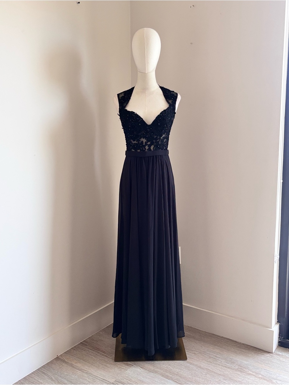 Serendipity Jet Black Beaded Lace Applique Open Keyhole Back Formal Maxi Gown